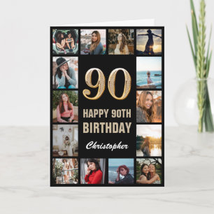 90th Happy Birthday Black and Gold Photo Collage Card