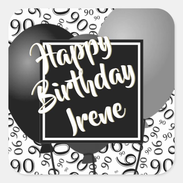 90th Happy Birthday - Black/White Number Pattern Square Sticker (Front)