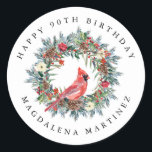 90th Happy Birthday Cardinal Wreath Custom Classic Round Sticker<br><div class="desc">Add a special touch to your envelopes or gift giving. A red cardinal is nestled in a traditional pine wreath decorated with berries,  pinecones and flowers. All text is editable.</div>