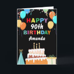 90th Happy Birthday Colourful Balloons Cake Black Card<br><div class="desc">90th Happy Birthday Colourful Balloons Cake Black with personalised name. For further customisation,  please click the "Customise it" button and use our design tool to modify this template.</div>