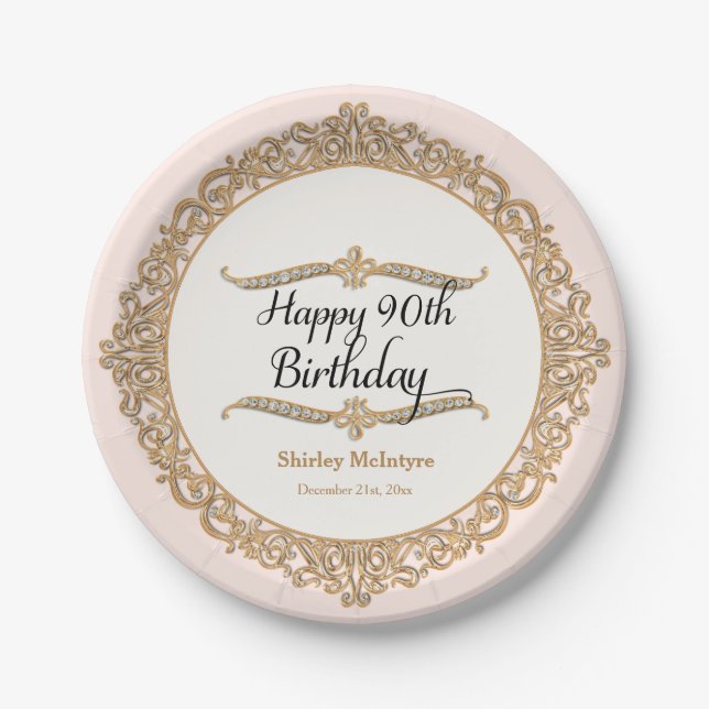 90th Happy Birthday Party Celebration Round Decor Paper Plate (Front)