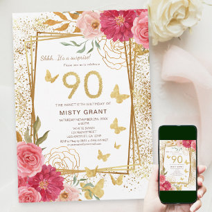 90th Milestone Modern Pink Cheers to Ninety Years Invitation
