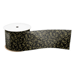 90th Modern Random Number Pattern Gold/Black Satin Ribbon