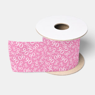 90th Modern Random Number Pattern Pink/White Satin Ribbon
