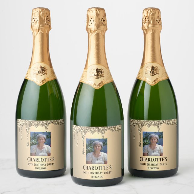 90th Ninety Elegant Birthday Party Gold Sparkling Wine Label (Bottles)