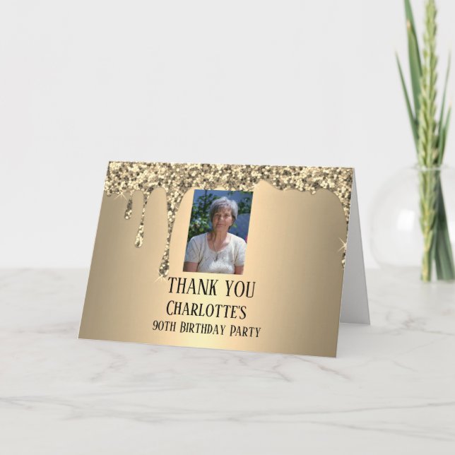 90th Ninety Elegant Birthday Party Gold Thank You Card (Front)