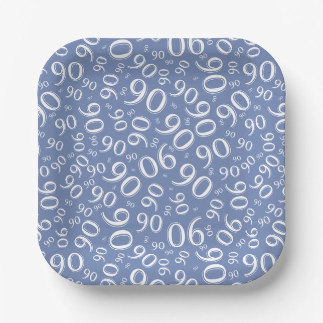 90th Party Random Number Pattern Blue/White Paper Plate (Front)