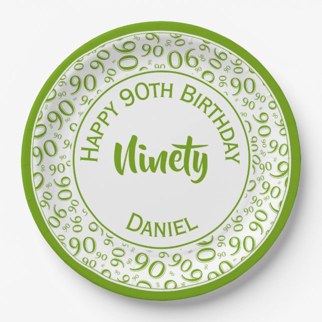  90th Party Random Number Pattern Green/White Paper Plate (Front)