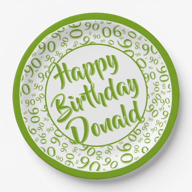 90th Party Random Number Pattern Green/White Paper Plate (Front)