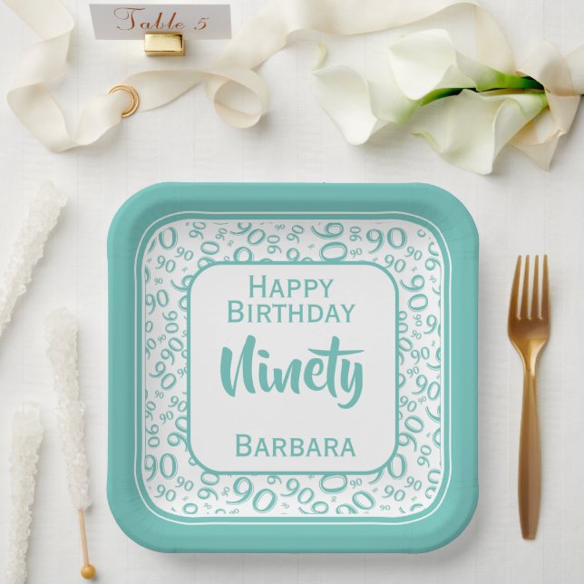 90th Party Random Number Pattern Teal/White Paper Plate (Wedding)