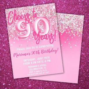 90th Pink Glitter Birthday Party Invitation