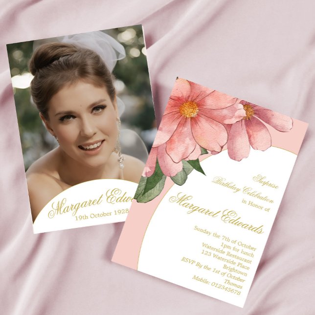 90th Pink Gold Elegant Floral Photo Birthday Invitation (Creator Uploaded)