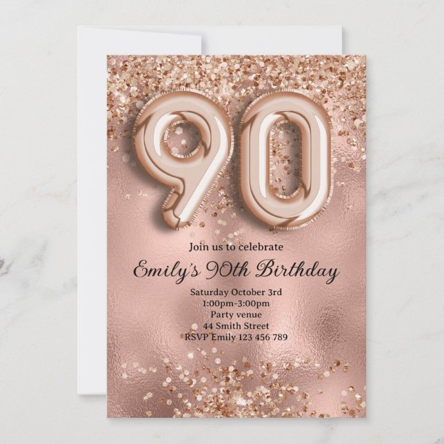 90th Rose Gold Glitter Birthday Invitation (Front)