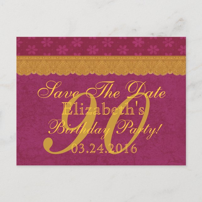 90th Save the Date Birthday Burgundy Gold Lace 003 Announcement Postcard (Front)