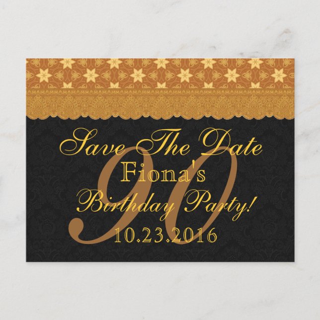 90th Save the Date Birthday Gold Black Lace Announcement Postcard (Front)