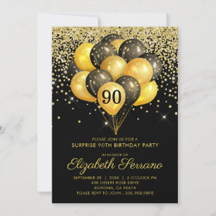 90th Surprise Birthday Party Black Gold Glitter Invitation
