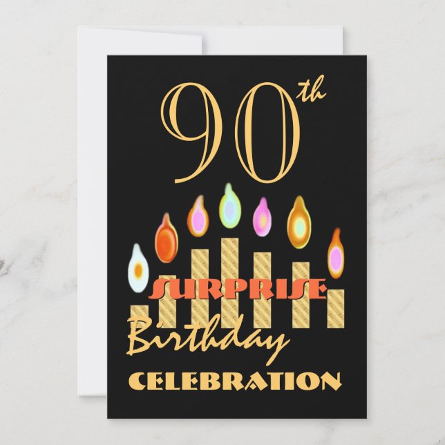 90th SURPRISE Birthday Party Gold Candles Invite (Front)