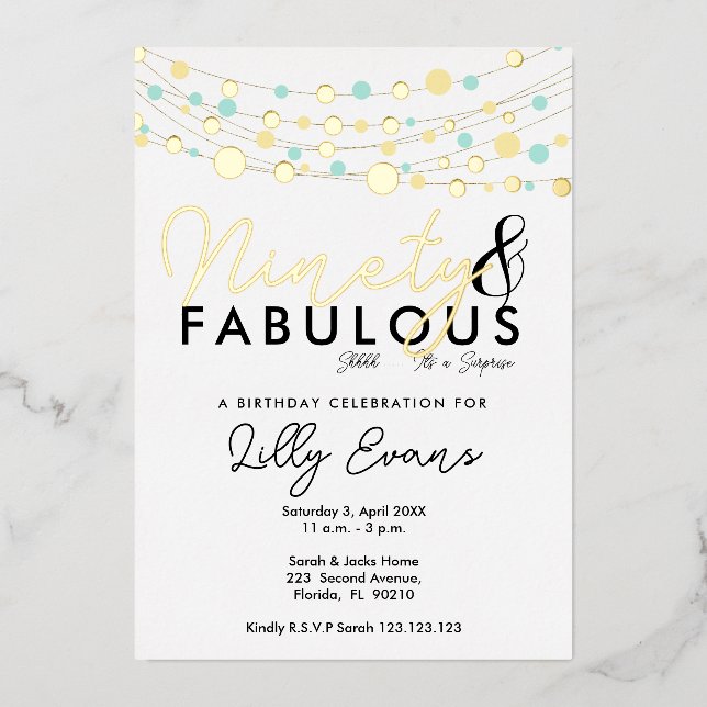 90th surprise birthday party invitation elegant  (Front)