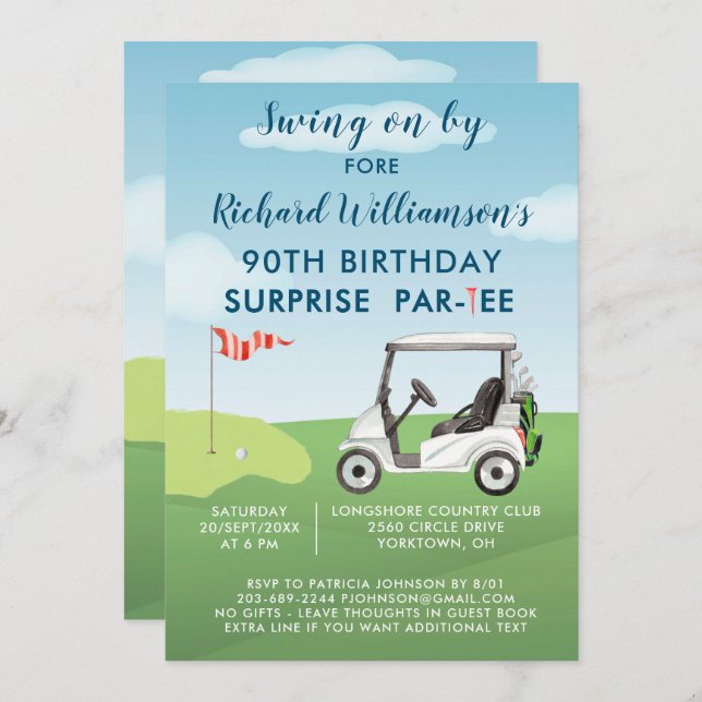 90th Surprise Birthday Party Men's Golf Theme Invitation (Front/Back)
