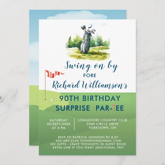 90th Surprise Birthday Party Men's Golf Theme Invitation (Front/Back)