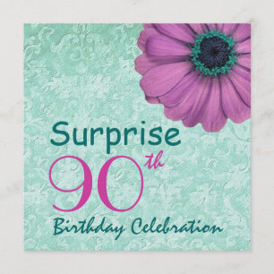 90th SURPRISE Birthday Pink Teal Daisy Recycled Invitation