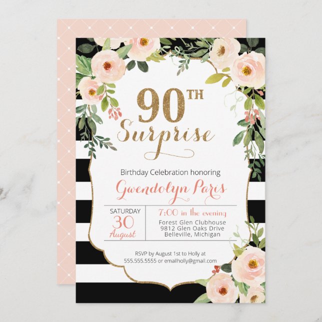 90th Surprise Black White Stripe Floral Birthday Invitation (Front/Back)