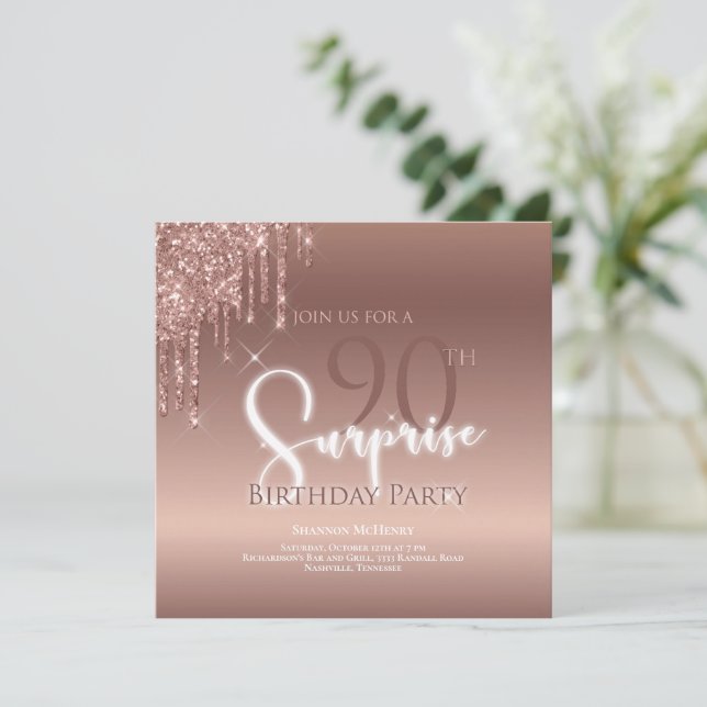 90th Surprise Glitter Pink Birthday Party Invitation (Standing Front)