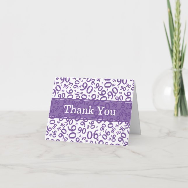 90th "Thank you!" Purple/White Number Pattern Thank You Card (Front)