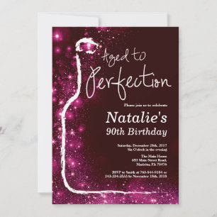 90th Wine Birthday Aged to Perfection Pink Glitter Invitation