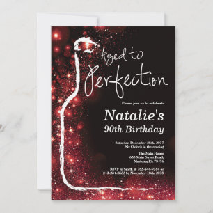 90th Wine Birthday Aged to Perfection Red Glitter Invitation