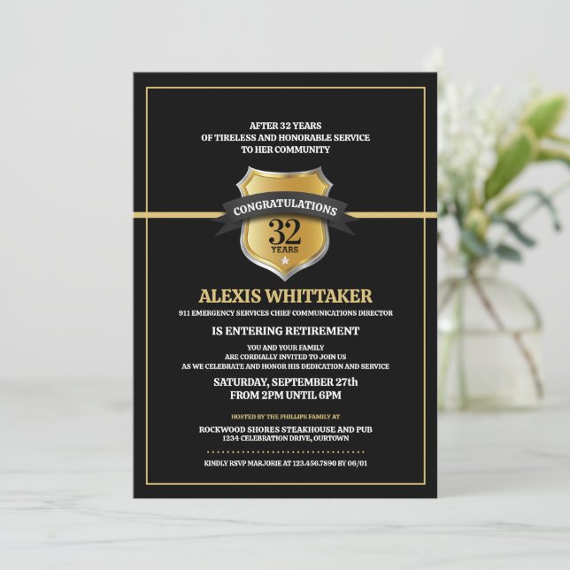 911 Dispatch Thin Gold Line Retirement Party Invit Invitation (Standing Front)