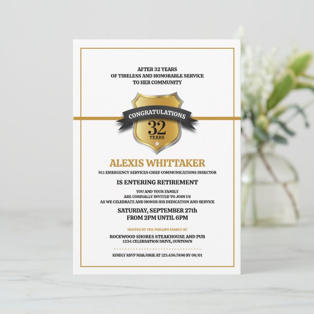 911 Dispatch Thin Gold Line Retirement Party Invitation (Standing Front)