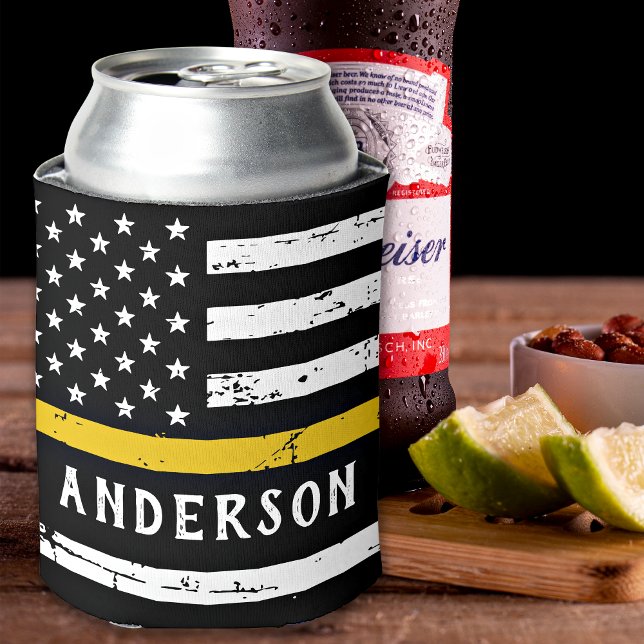 911 Dispatcher Personalised Thin Gold Line Flag Can Cooler (Creator Uploaded)