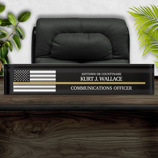 911 Dispatcher Thin Gold Line Flag Desk Name Plate (Creator Uploaded)