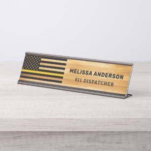 911 Dispatcher Thin Gold Line Flag Rustic Wood Desk Name Plate