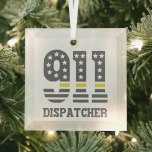 911 Dispatcher USA Flag Thin Yellow Line Emergency Glass Tree Decoration