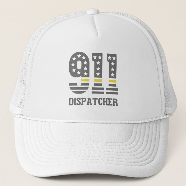 911 Dispatcher USA Flag Thin Yellow Line Emergency Trucker Hat (Front)