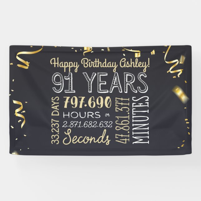 91 Years - Elegant Black & Gold - 91st Birthday Banner (Horizontal)