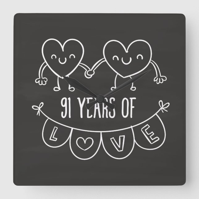 91st Anniversary Gift Chalk Hearts Square Wall Clock (Front)