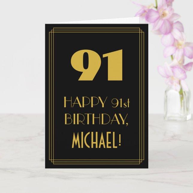 91st Birthday – Art Deco Inspired Look "91" & Name Card (Orchid)