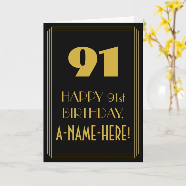 91st Birthday ~ Art Deco Inspired Look "91" & Name Card (Yellow Flower)
