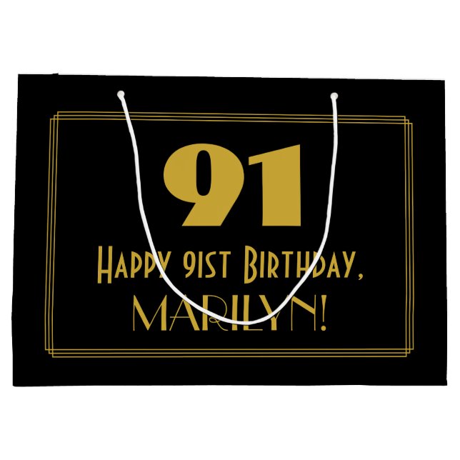 91st Birthday — Art Deco Inspired Look "91" & Name Large Gift Bag (Back)