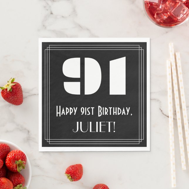91st Birthday: Art Deco Inspired Look "91" + Name Napkin (Insitu)