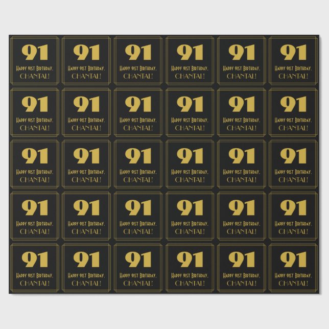 91st Birthday – Art Deco Inspired Look "91" & Name Wrapping Paper (Flat)