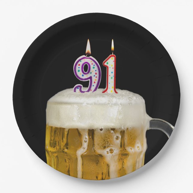 91st Birthday Beer on black Paper Plate (Front)