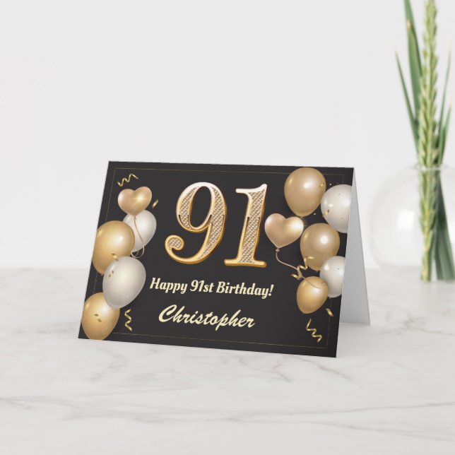 91st Birthday Black and Gold Balloons Birthday Card (Front)