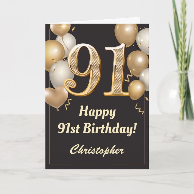91st Birthday Black and Gold Balloons Confetti Card (Front)