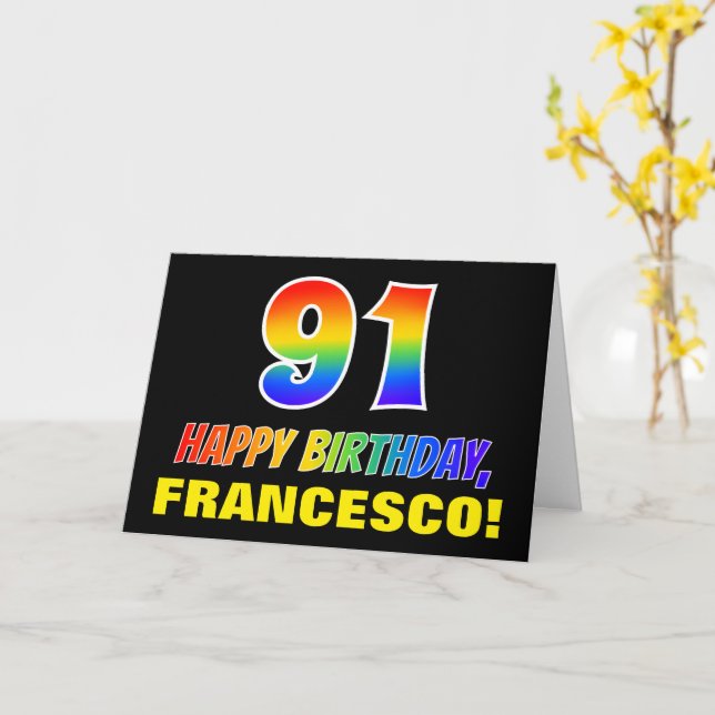 91st Birthday: Bold, Fun, Simple, Rainbow 91 Card (Yellow Flower)