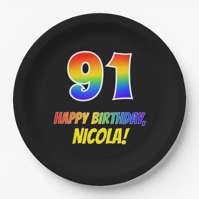 91st Birthday: Bold, Fun, Simple, Rainbow 91 Paper Plate (Front)