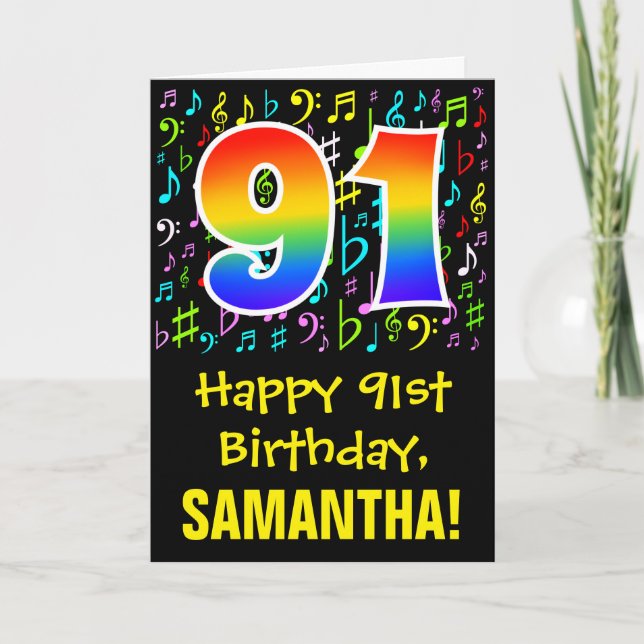 91st Birthday: Colourful Music Symbols + Rainbow 9 Card (Front)